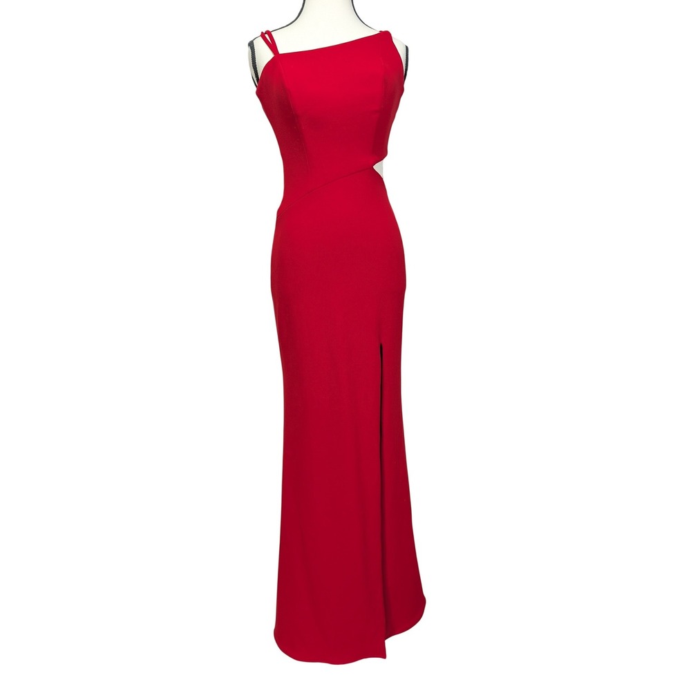 La Femme Red Asymmetrical Neckline Strappy Cutout Back Evening Gown Slit Size 0